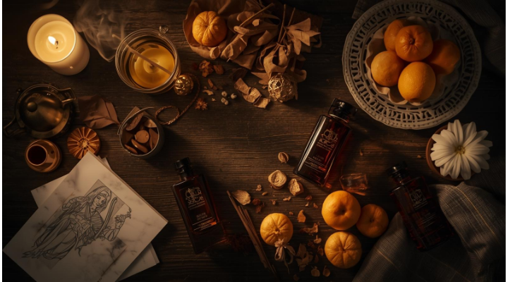 Warm and moody flat lay of perfume bottles surrounded by fresh oranges, lemons, candles, dried botanicals, and sketches on a dark wooden table — evoking an atmosphere of Italian craftsmanship, citrus warmth, and artistic ritual.