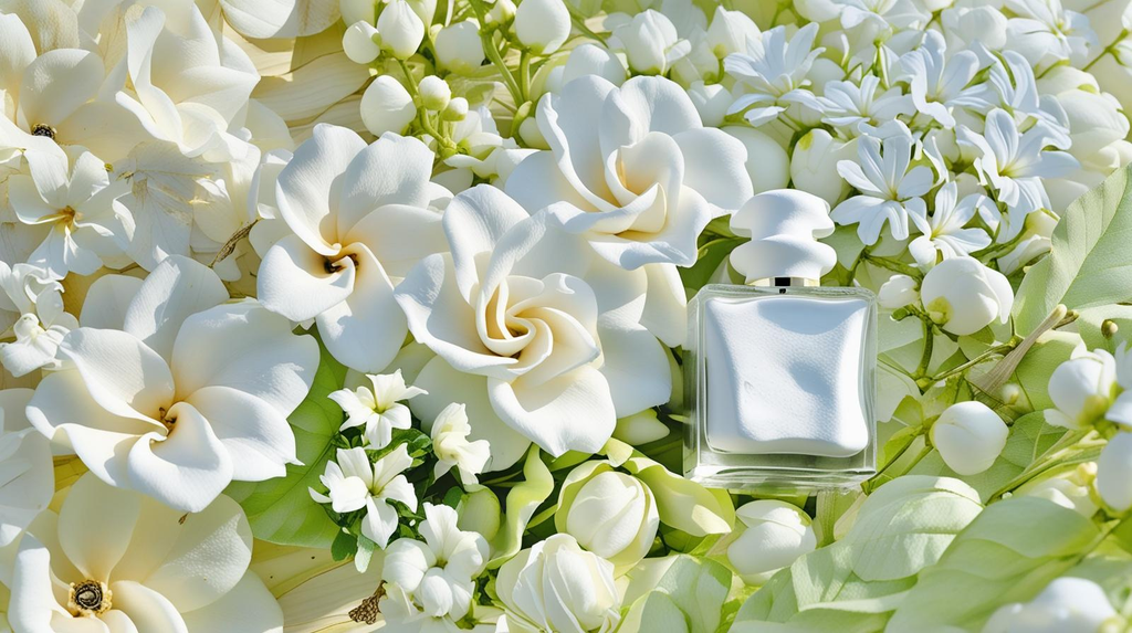 Elegant perfume bottle surrounded by fresh white florals including gardenia, jasmine, and tuberose, symbolizing a creamy floral fragrance theme.